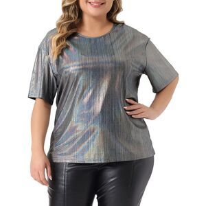 Plus Size Metallic Round Neck Short Sleeve T-Shirt Party Tee Tops Grey